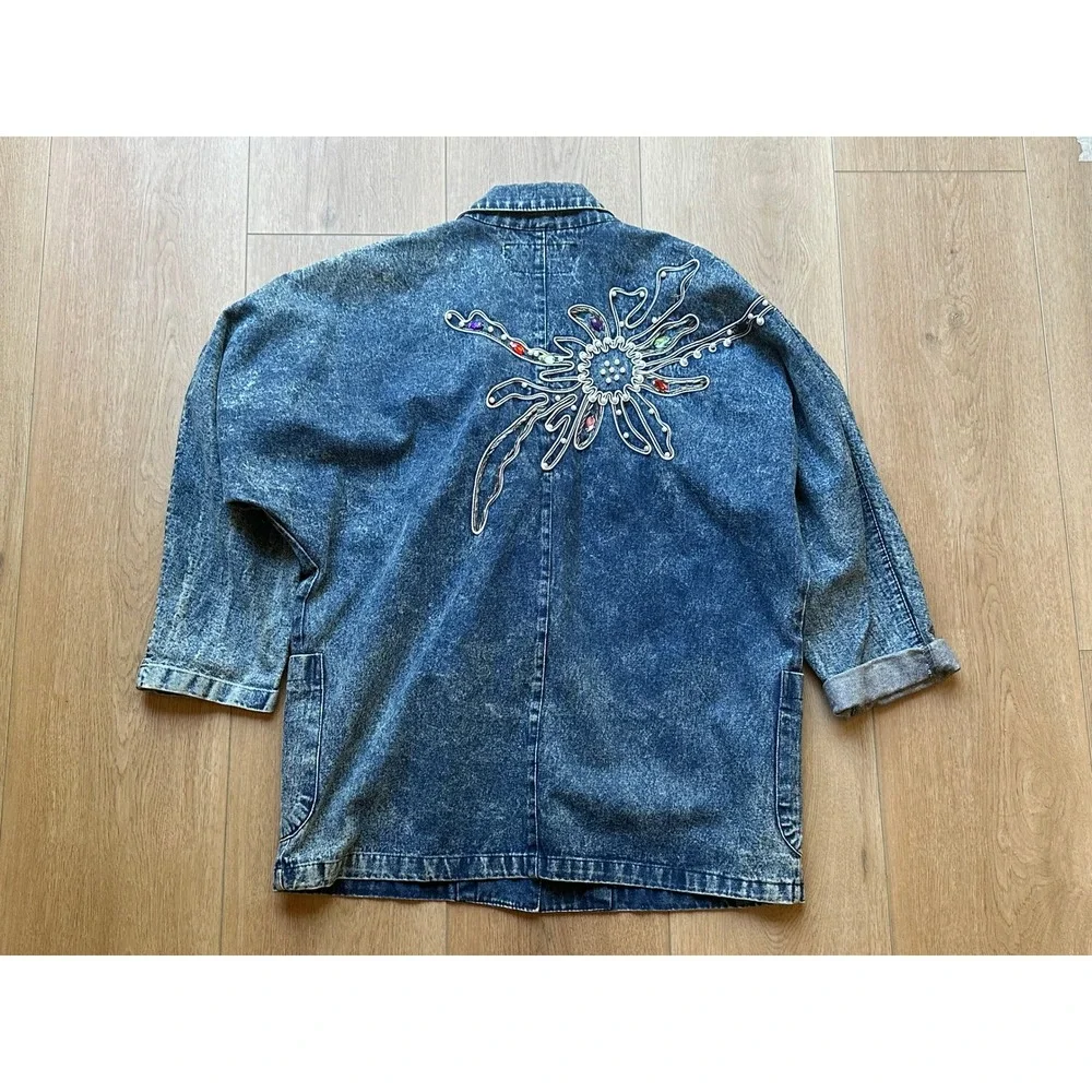 Vintage Golden River Denim Jacket Embellished Rhinestone Acid Wash 80s Costume